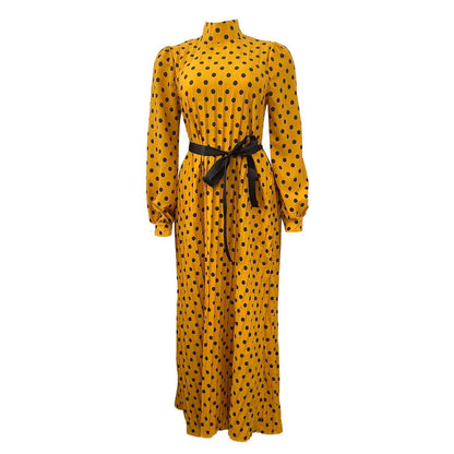 Damen Maxikleid Stehkragen Taillengürtel Elegantes Langkleid