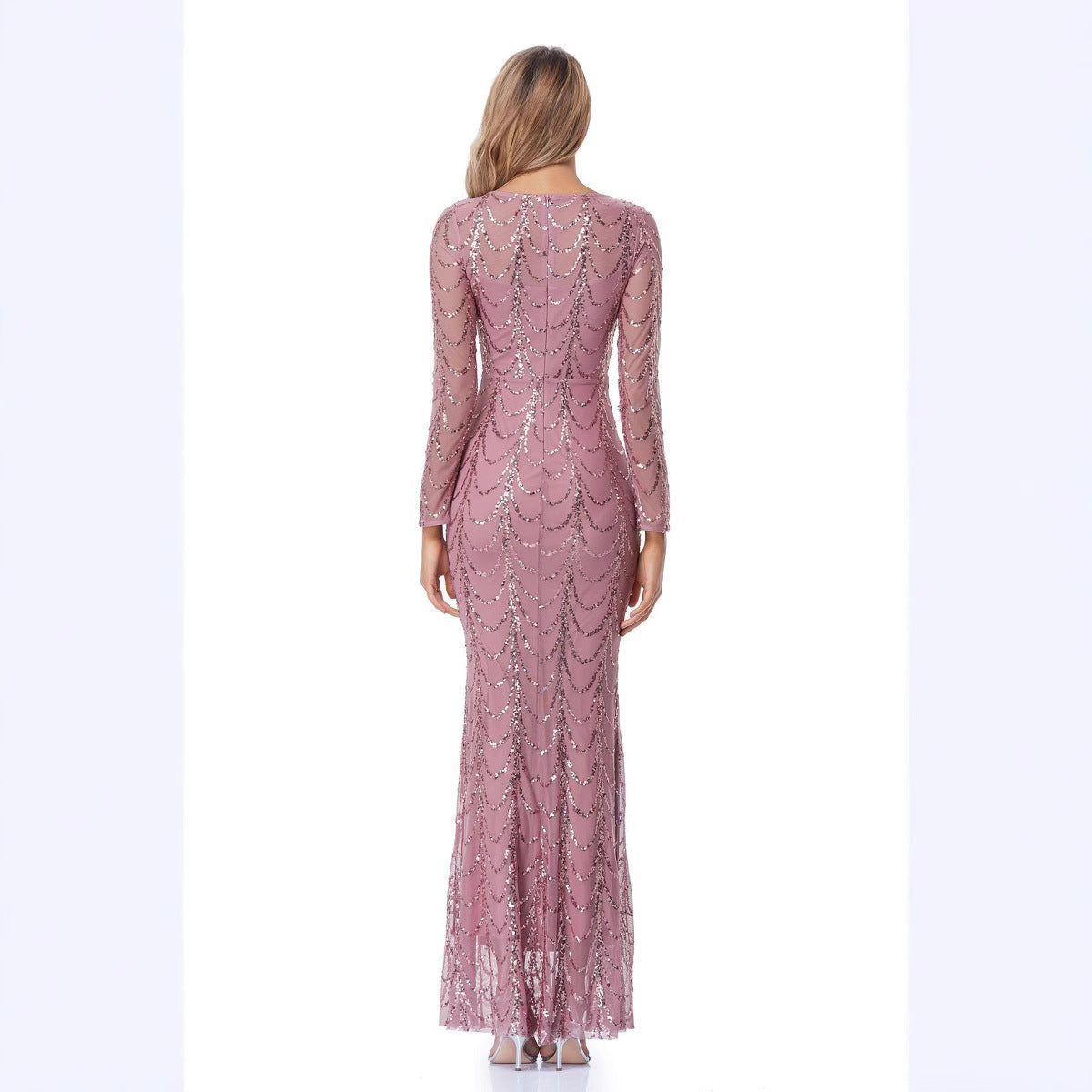 Damen Abendkleid Figurbetont Transparente Ärmel Pailletten
