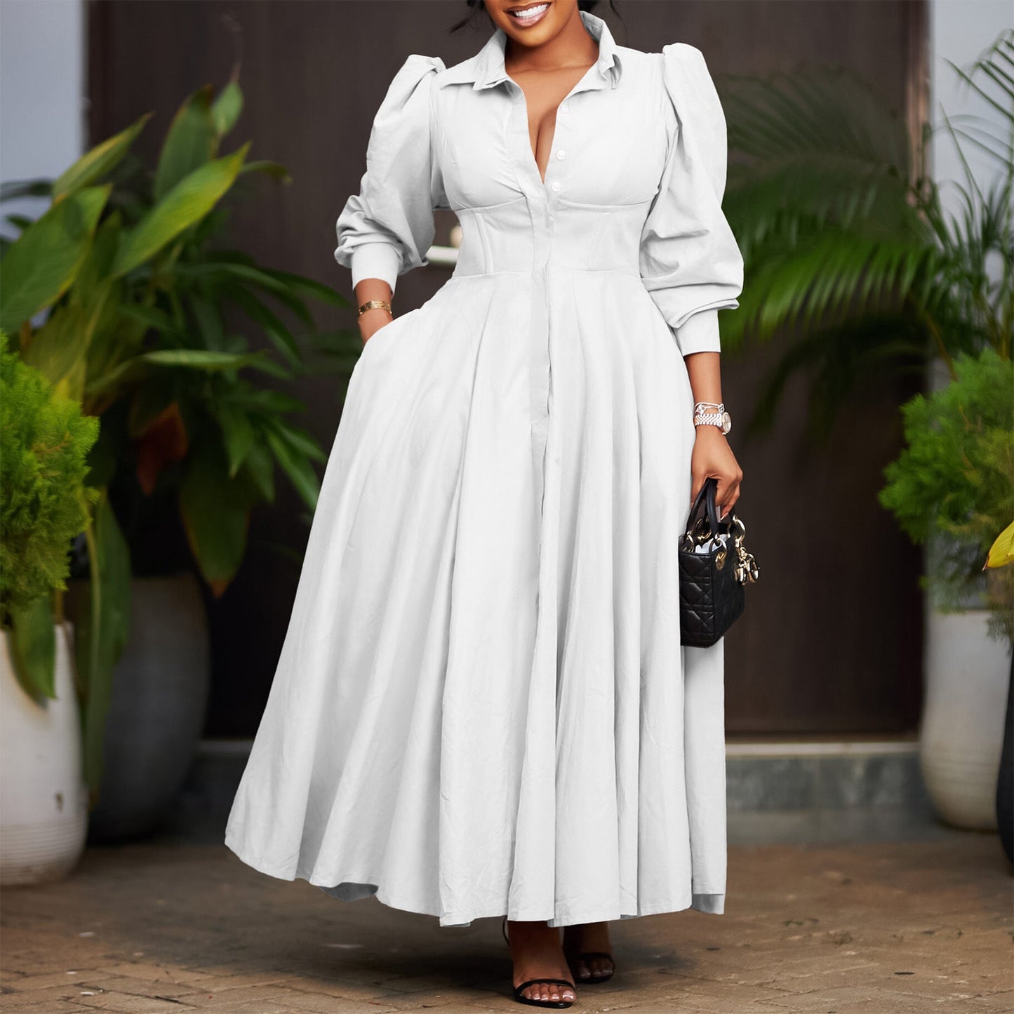Damen Maxi-Hemdkleid mit Taillenbund Norvielle