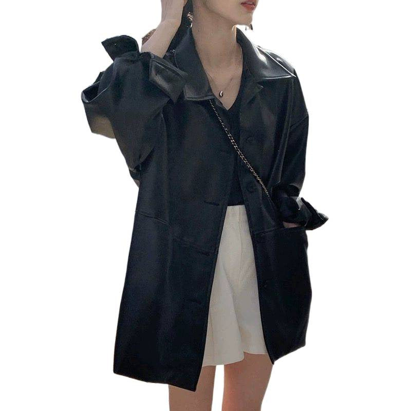 Damen Lederjacke Oversized Klassischer Kragen Norvielle