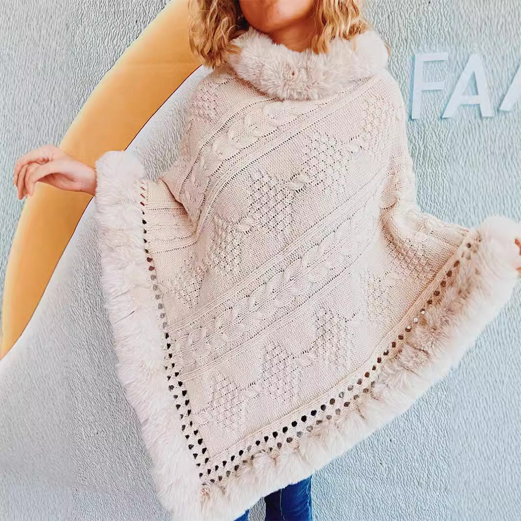 Damen Strickponcho Weiches Fell Norvielle Zopfmuster Beige
