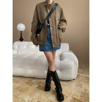 Damen Übergangsjacke Lässig Druckknöpfe Beige