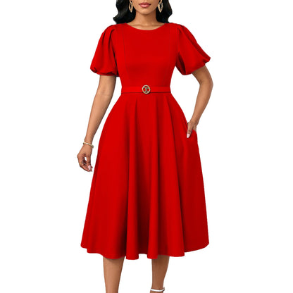 Damen Midi-Kleid Puffärmel Taillengürtel