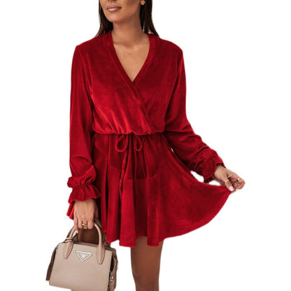 Damen Wickelkleid Samtig V-Ausschnitt Elegantes Design