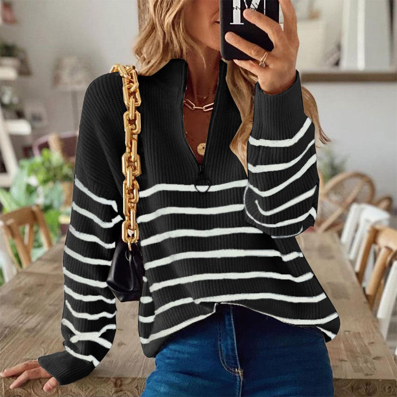 Damen Strickpullover Streifenmuster mit Reißverschluss Norvielle