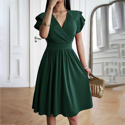 Damen Kurzarmkleid Einfarbig V-Ausschnitt