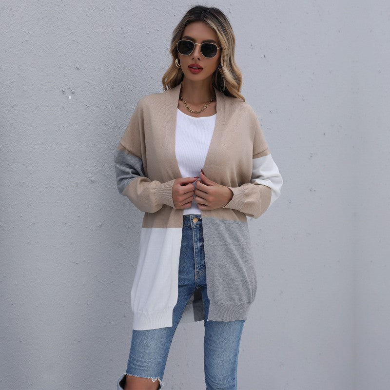 Damen Cardigan Lang Weiches Strick Norvielle Farbblockierung - Norvielle