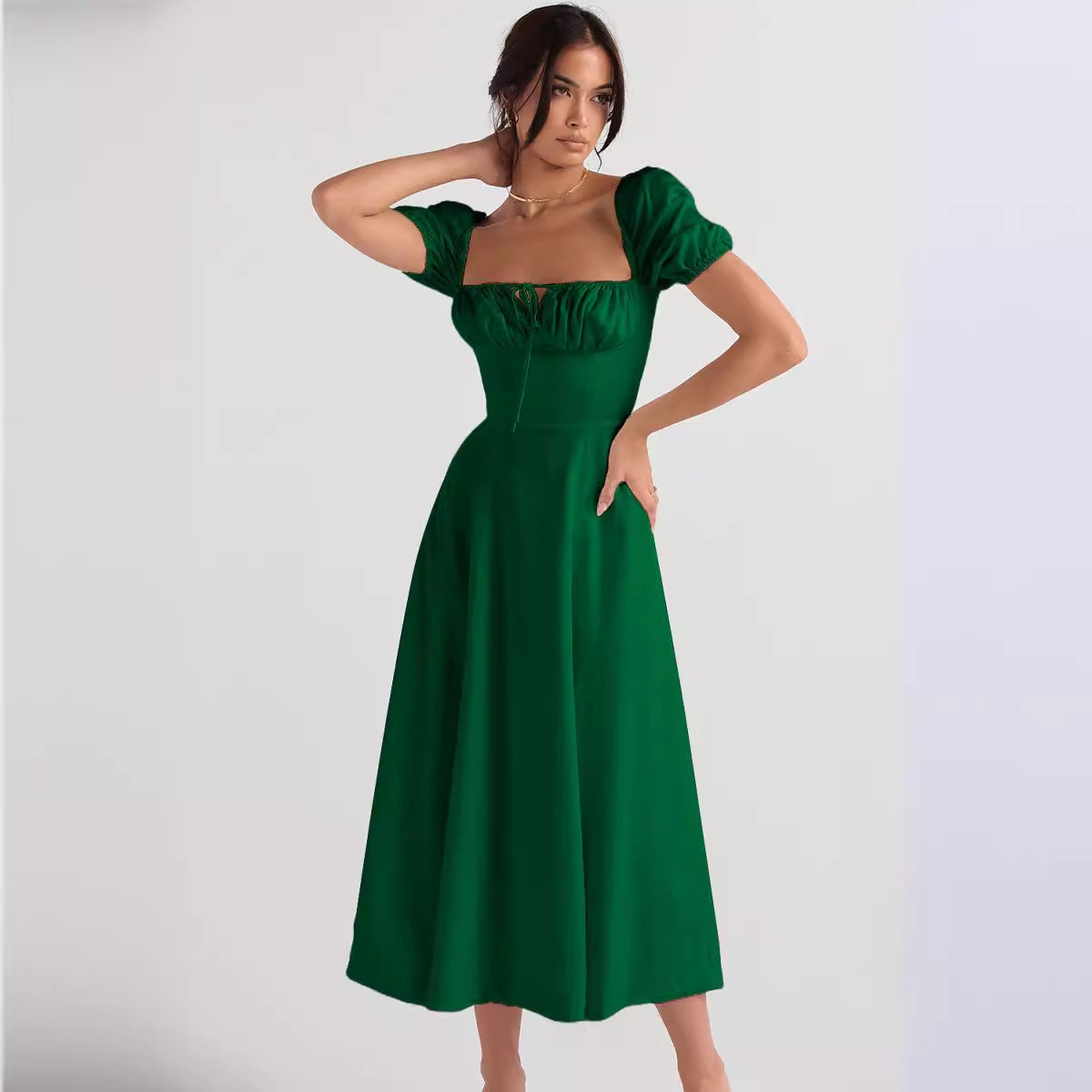 Damen Elegantes Midikleid Puffärmel Raffinierter Ausschnitt Norvielle