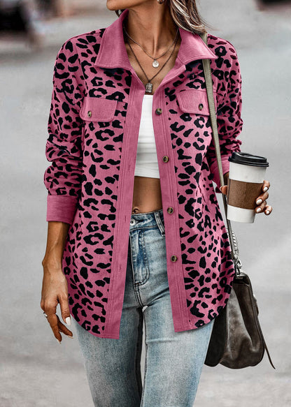 Damen Kordjacke Leo-Print mit Brusttaschen Norvielle
