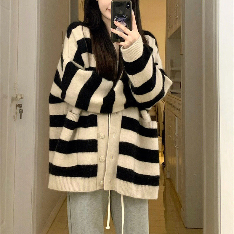 Damen Grobstrick-Cardigan Streifenmuster mit Taschen Norvielle