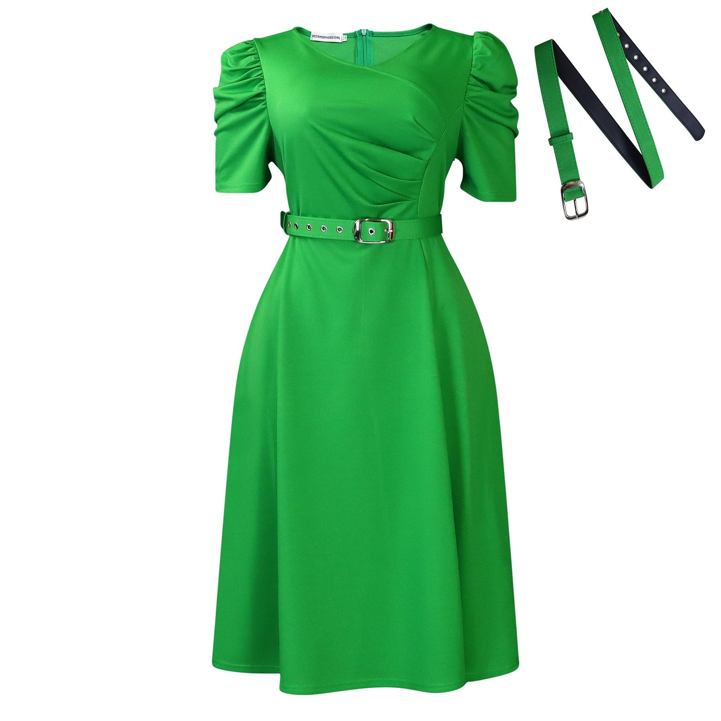 Damen Midi-Kleid Puffärmel Taillierter Gürtel