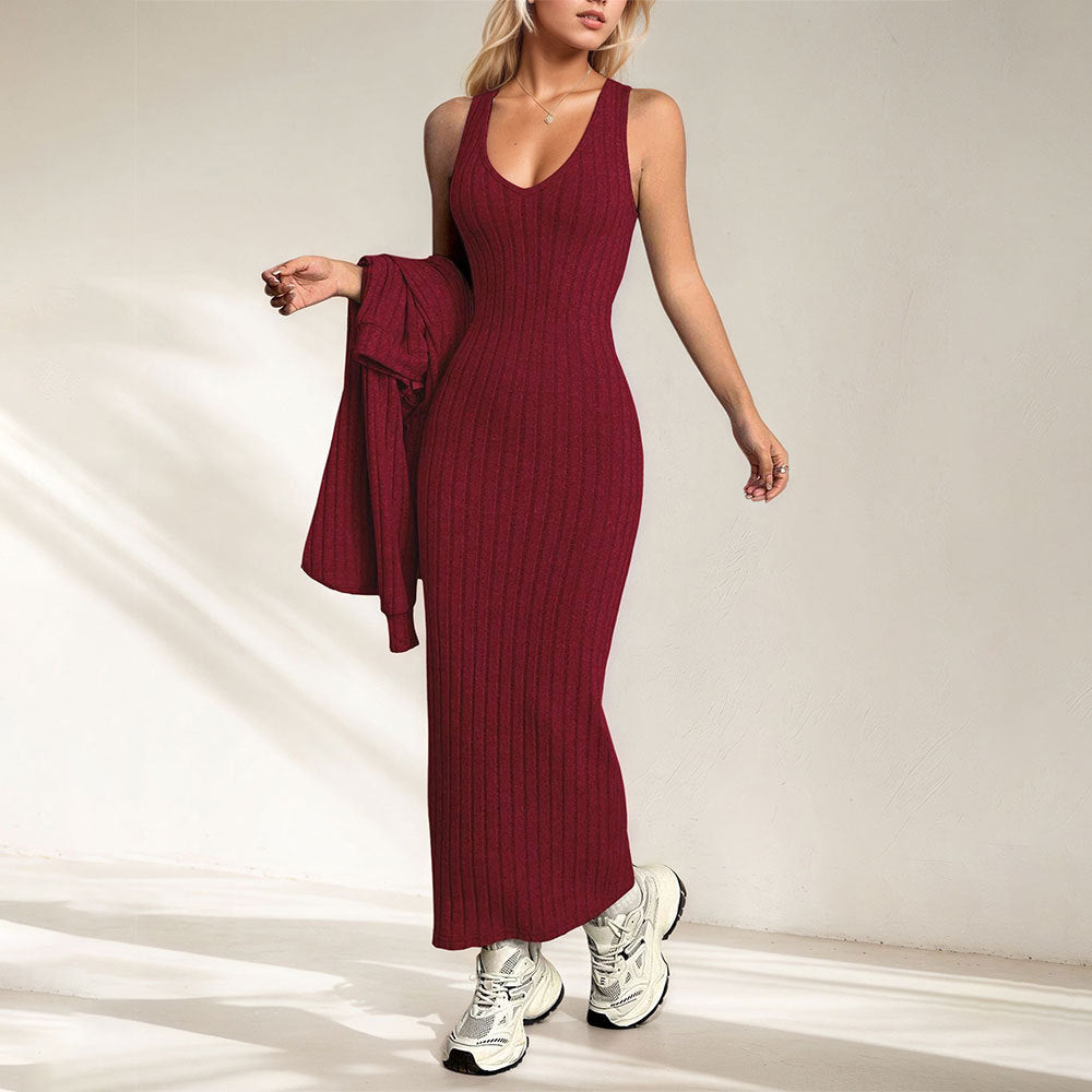 Damen Maxikleid Rippenstrick V-Ausschnitt Figurformend Schwarz - Norvielle