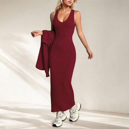 Damen Maxikleid Rippenstrick V-Ausschnitt Figurformend Schwarz - Norvielle