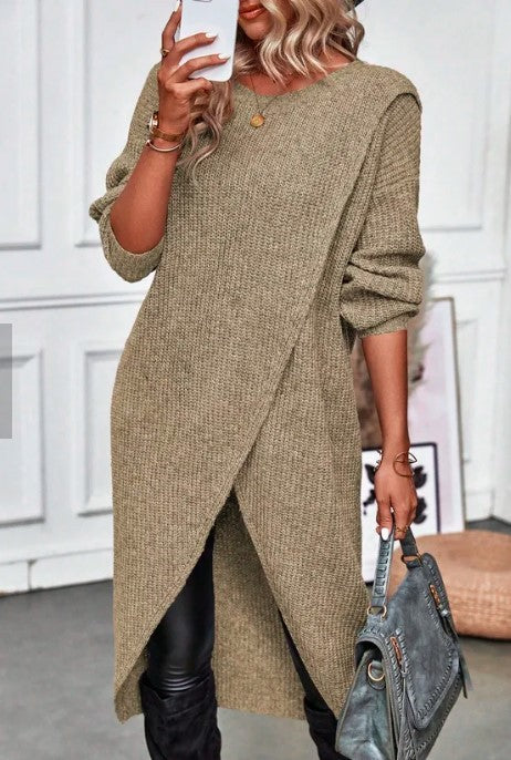 Damen Strickkleid Asymmetrisch Oversized Beige