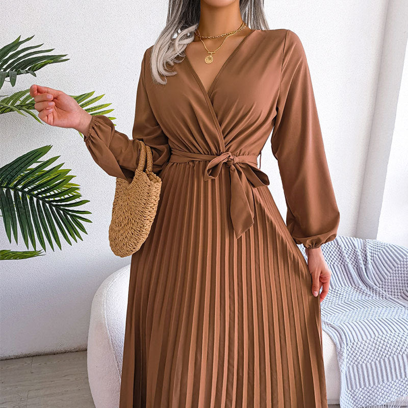 Damen Wickelkleid Faltenrock Langer Arm Norvielle