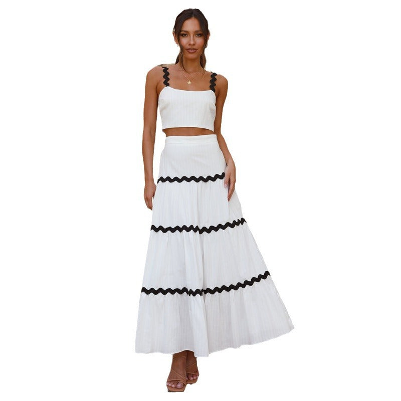 Damen Crop- Set Voluminöser Rock Ziersaum