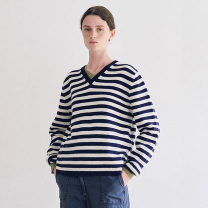 Damen Pullover V-Ausschnitt Streifenmuster Norvielle