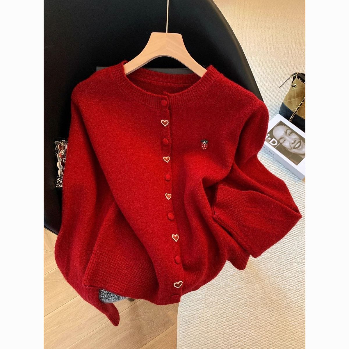 Damen Strickjacke Herz Erdbeeren Applikationen Norvielle