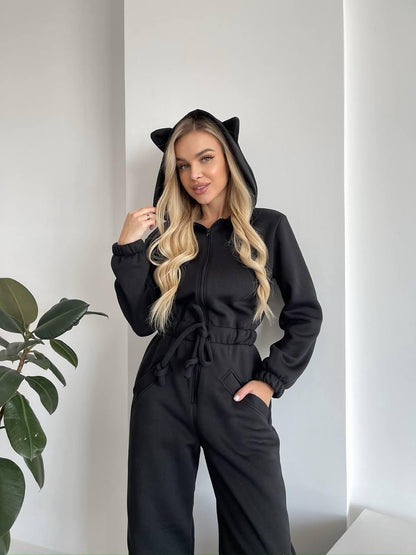 Damen Jumpsuit Kuschelig Känguru-Taschen Tierohren Norvielle