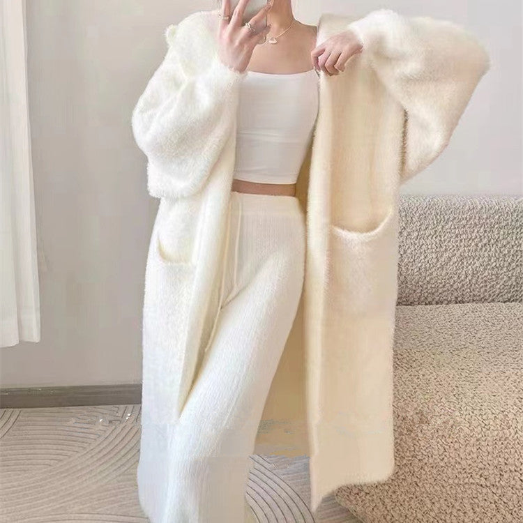 Damen Strickjacke Flauschig mit Taschen Lässig Beige - Norvielle