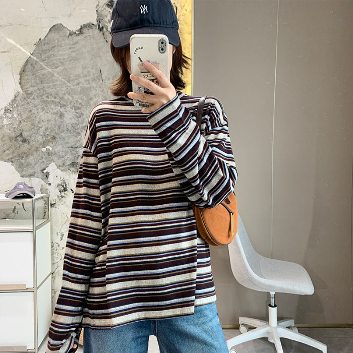 Damen Langarmshirt Streifenmuster Baumwolle Modern Weiß
