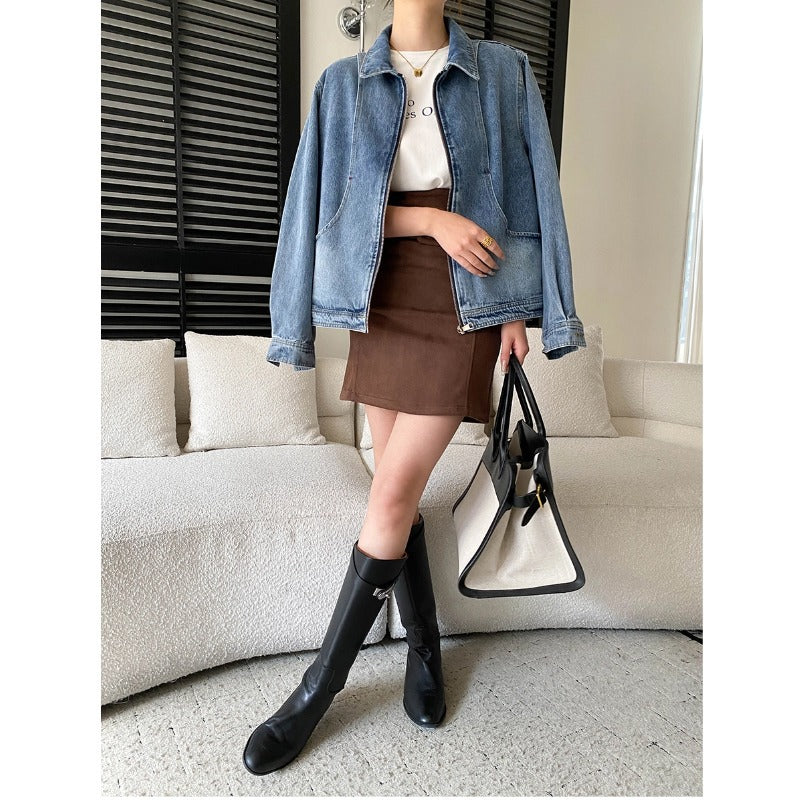 Damen Oversized Denim-Jacke mit Taschen und dezenten Details