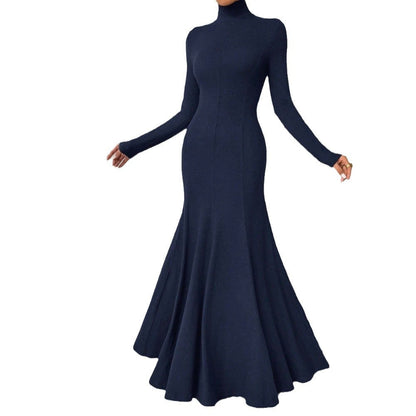 Damen Maxi-Kleid Langarm Hochkragen Schwingender Saum Norvielle