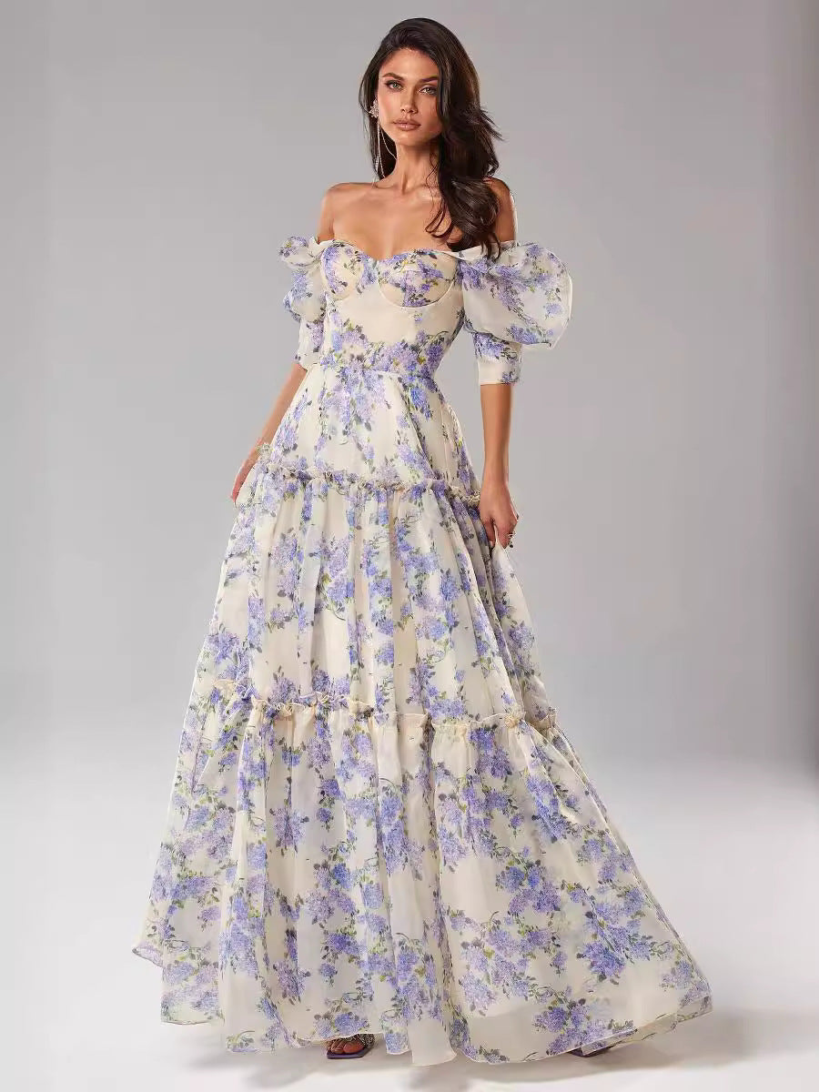 Damen Maxikleid Schulterfrei Rüschenärmel Floralmuster