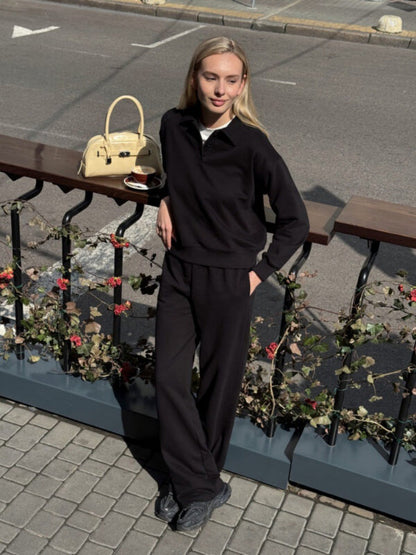 Damen Fleece-Anzug mit Polo-Kragen und geraden Hosen Weich Norvielle