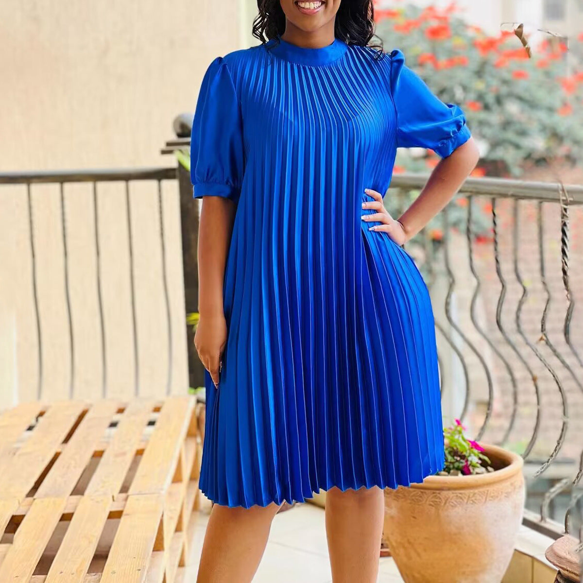 Damen Plissee-Kleid mit Bindeband und Halbärmeln Norvielle