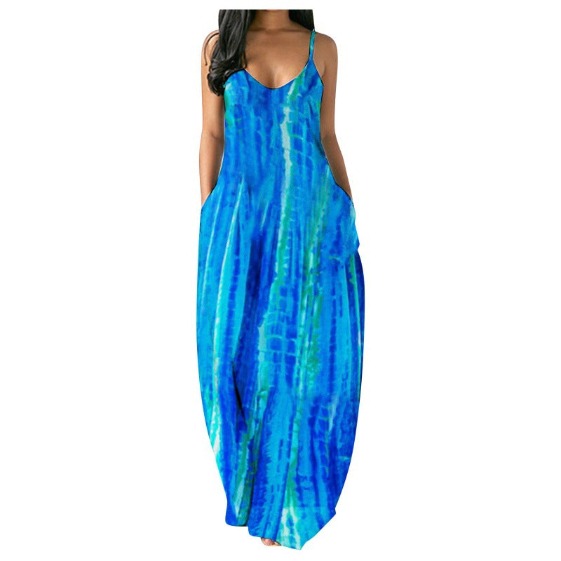 Damen Maxikleid Tie-Dye Muster V-Ausschnitt