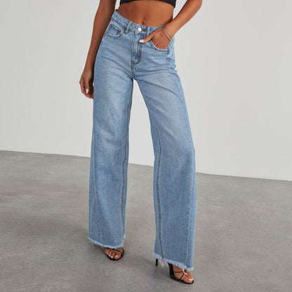 Damen Weite Denim-Jeans mit Fransen Saum