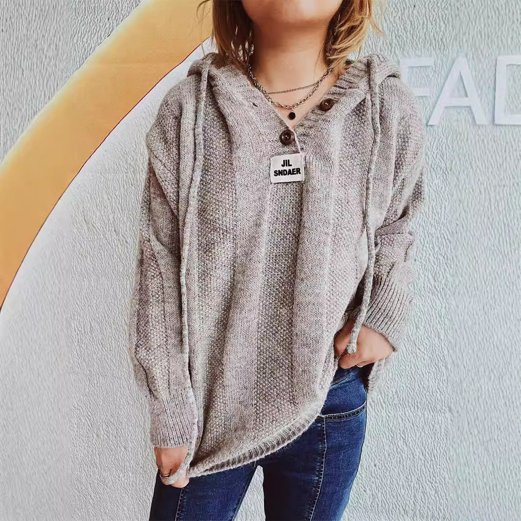 Damen Hoodie Knopfleiste Strickdesign Beige - Norvielle