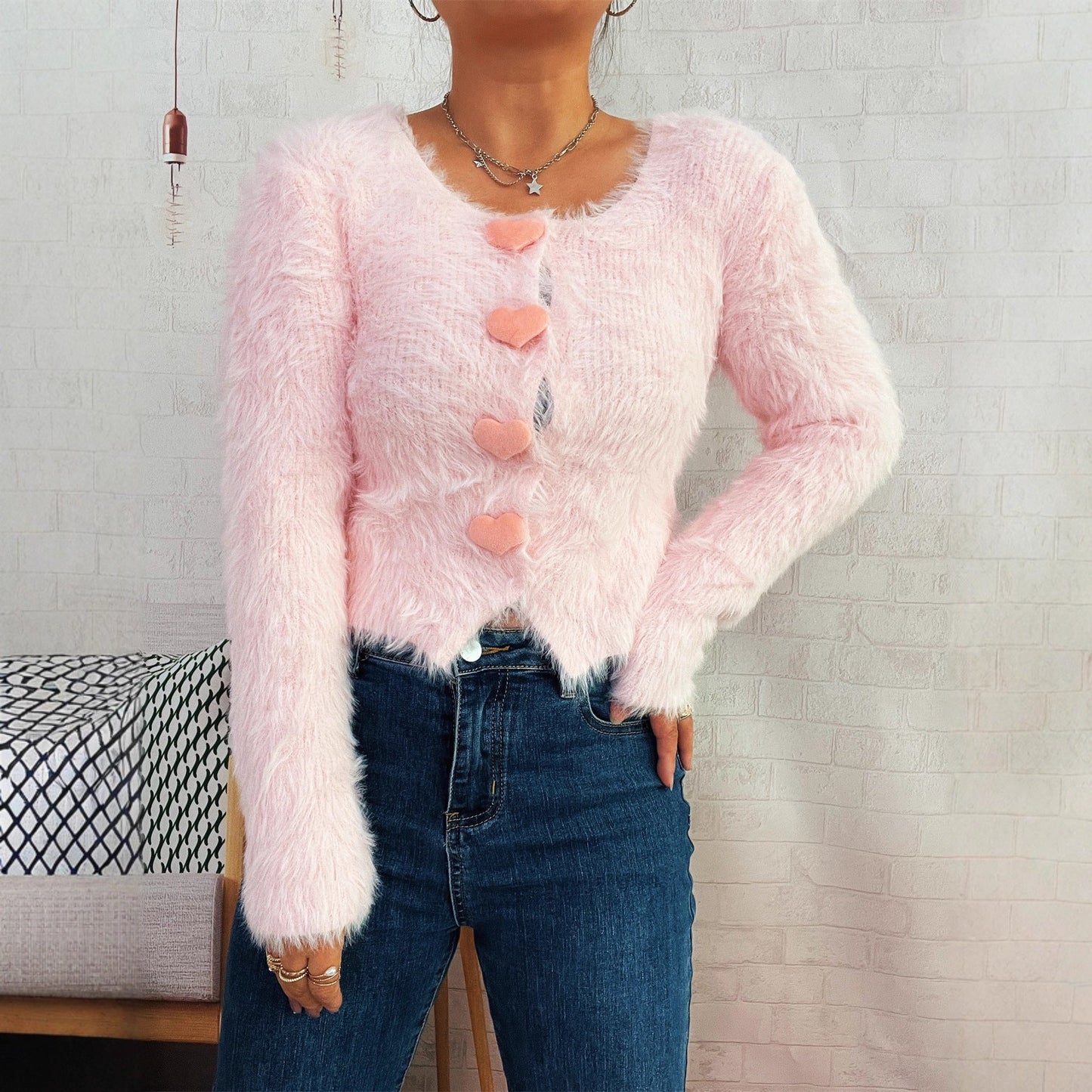 Damen Flauschcardigan Herzknöpfe Norvielle
