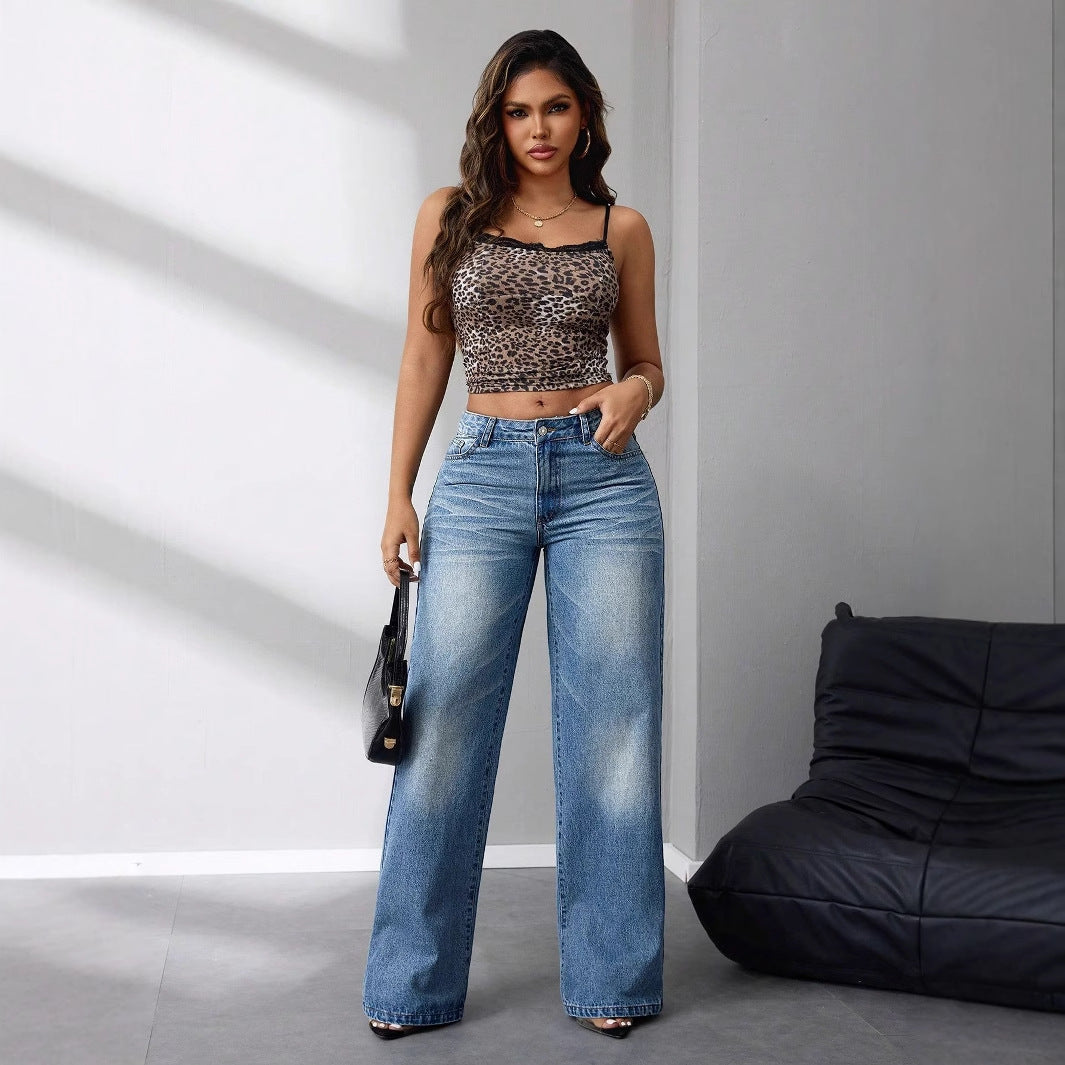 Damen High-Waist Jeans Weit Vintage-Stil