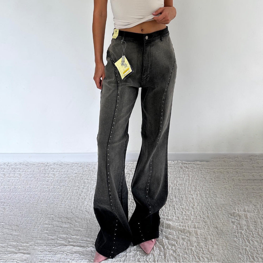 Damen High-Waist Jeans Nietenverzierung Schwarz - Norvielle
