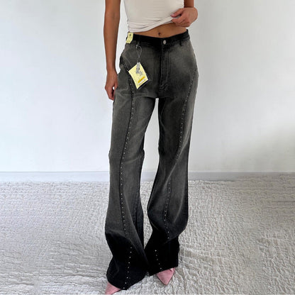 Damen High-Waist Jeans Nietenverzierung Schwarz - Norvielle
