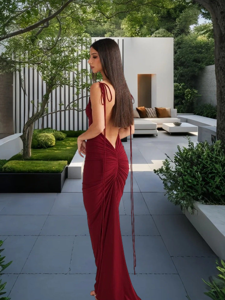 Damen Maxikleid Rückenfrei mit Bindebändern Elegant