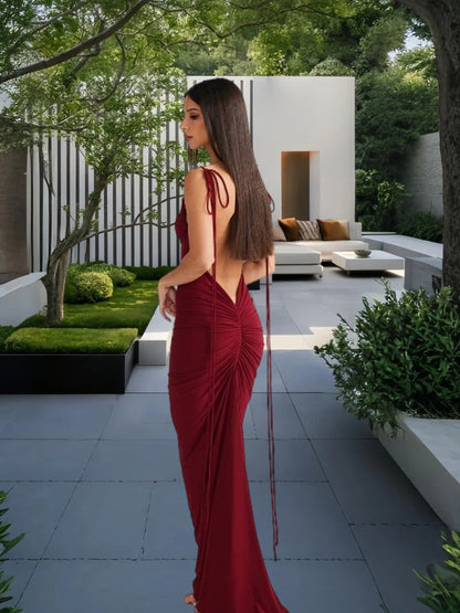 Damen Maxikleid Rückenfrei mit Bindebändern Elegant