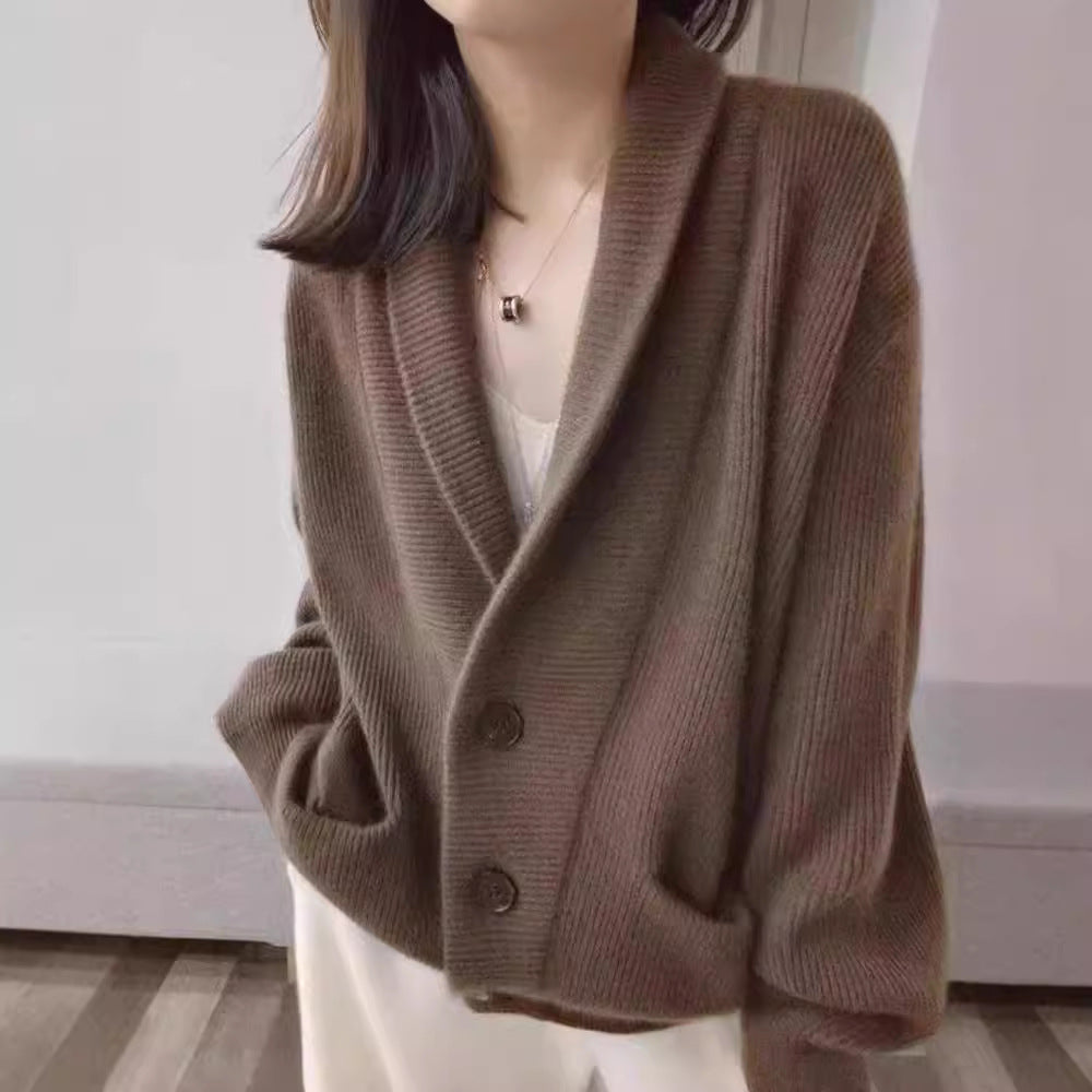 Damen Grobstrickcardigan Klassisch Revers Beige Norvielle - Norvielle
