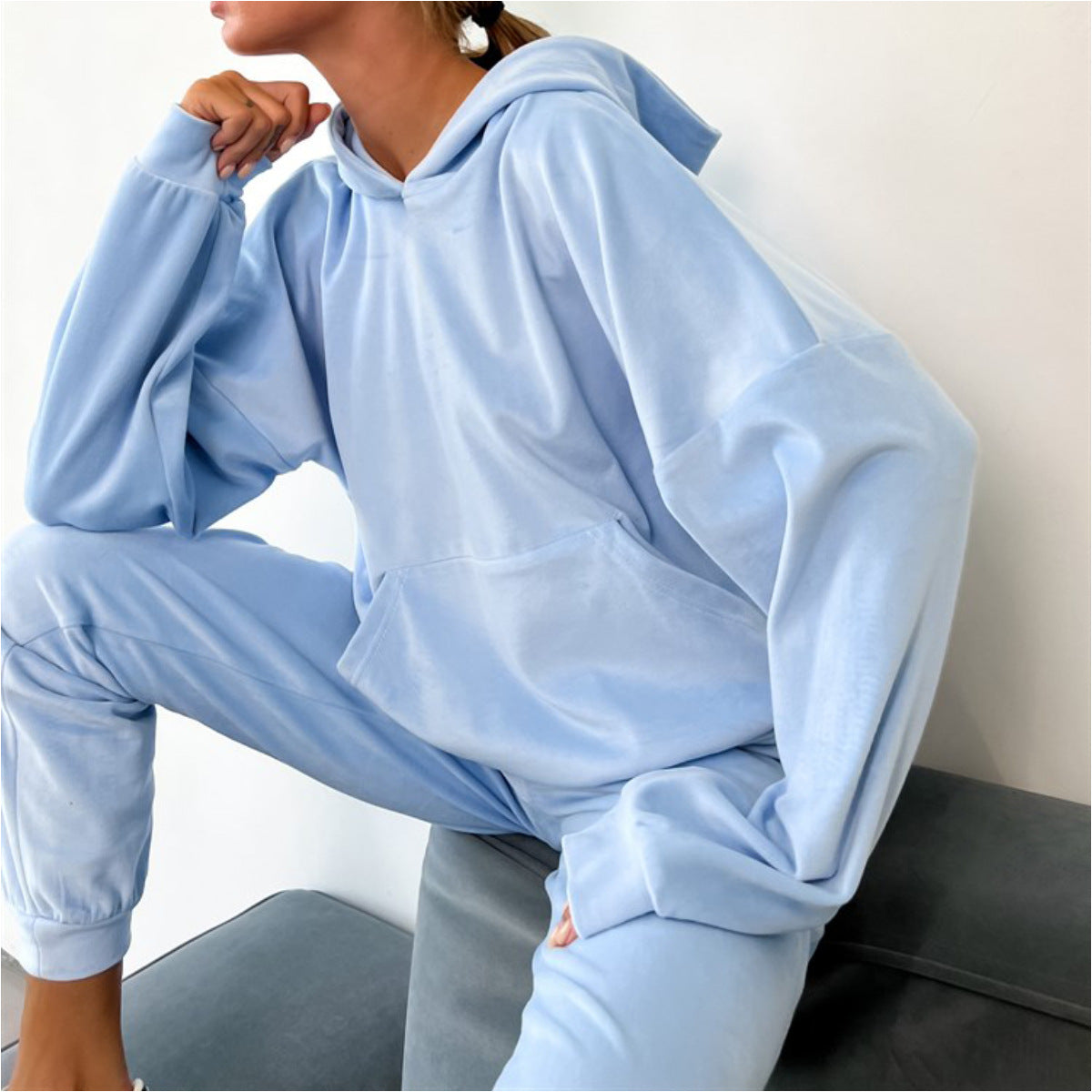 Damen Velours-Sweatanzug mit Kapuze elastisch Schwarz Norvielle - Norvielle