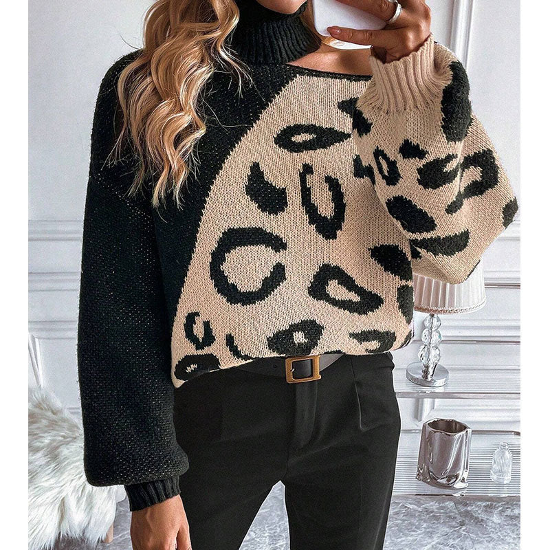 Damen Strickpullover Leopardenmuster Stehkragen Norvielle