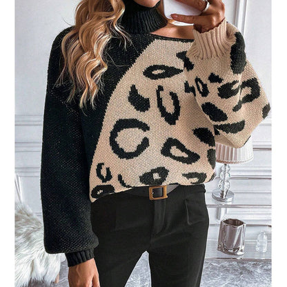 Damen Strickpullover Leopardenmuster Stehkragen Norvielle