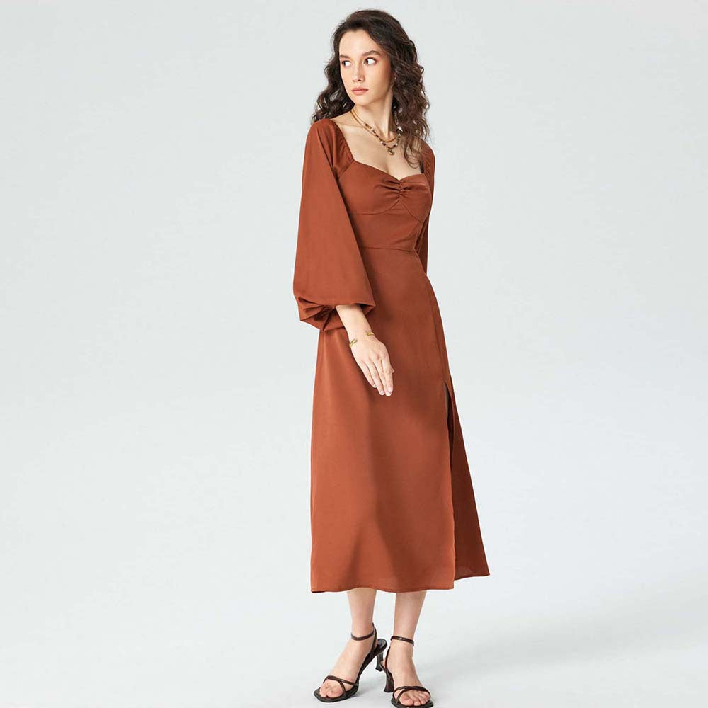 Damen Midi-Kleid Puffärmel Hohem Schlitz Norvielle