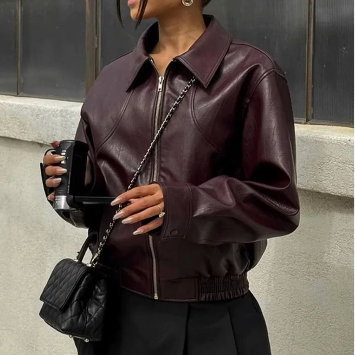 Damen Kunstlederjacke Elastischer Bund Norvielle
