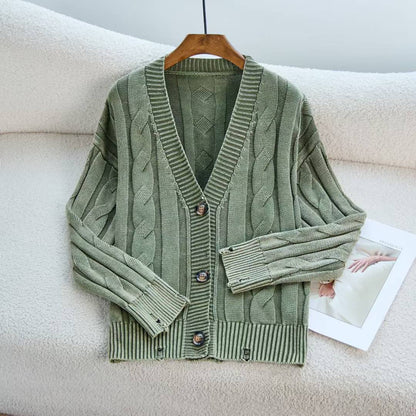 Damen Grobstrickjacke V-Ausschnitt Dekorative Knöpfe Norvielle