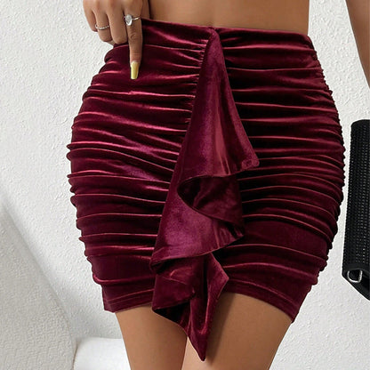 Damen Samt Minikleid Elastischer Bund Rüschen Schwarz - Norvielle