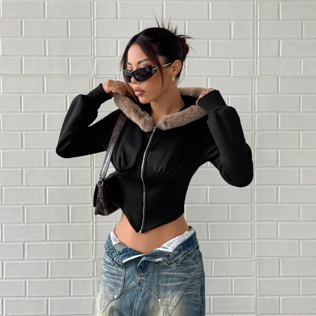 Damen Cropped Hoodie Fellbesatz