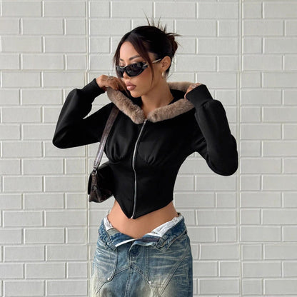 Damen Cropped Hoodie Fellbesatz