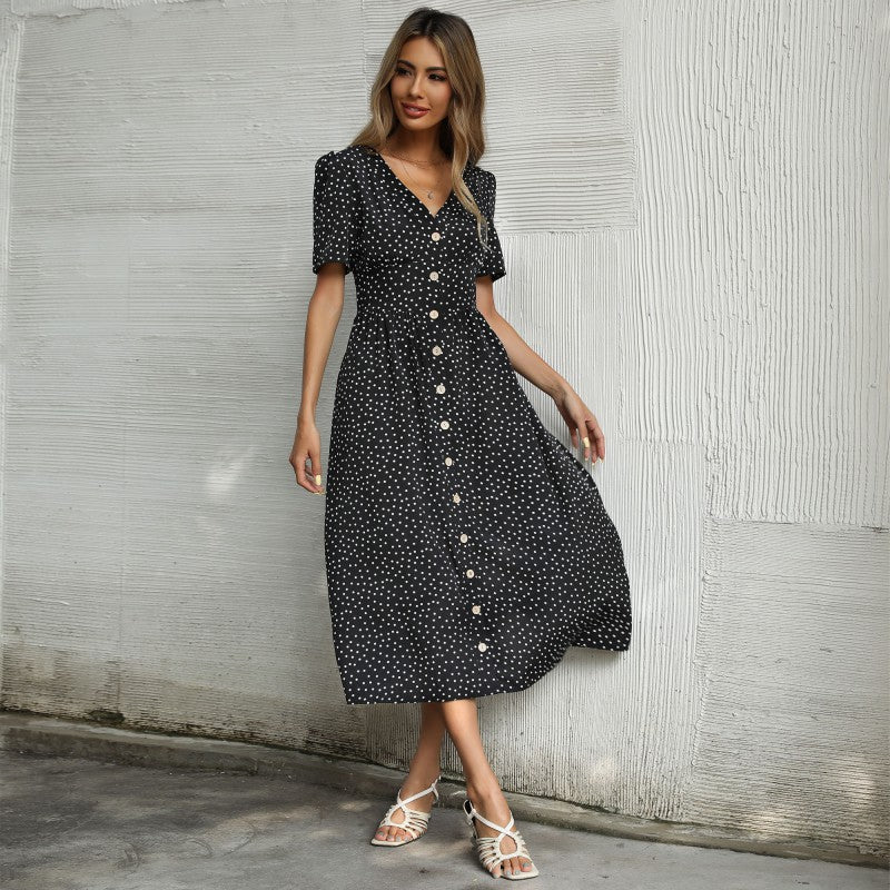 Damen Midi-Kleid Punktmuster Knopfleiste - Norvielle